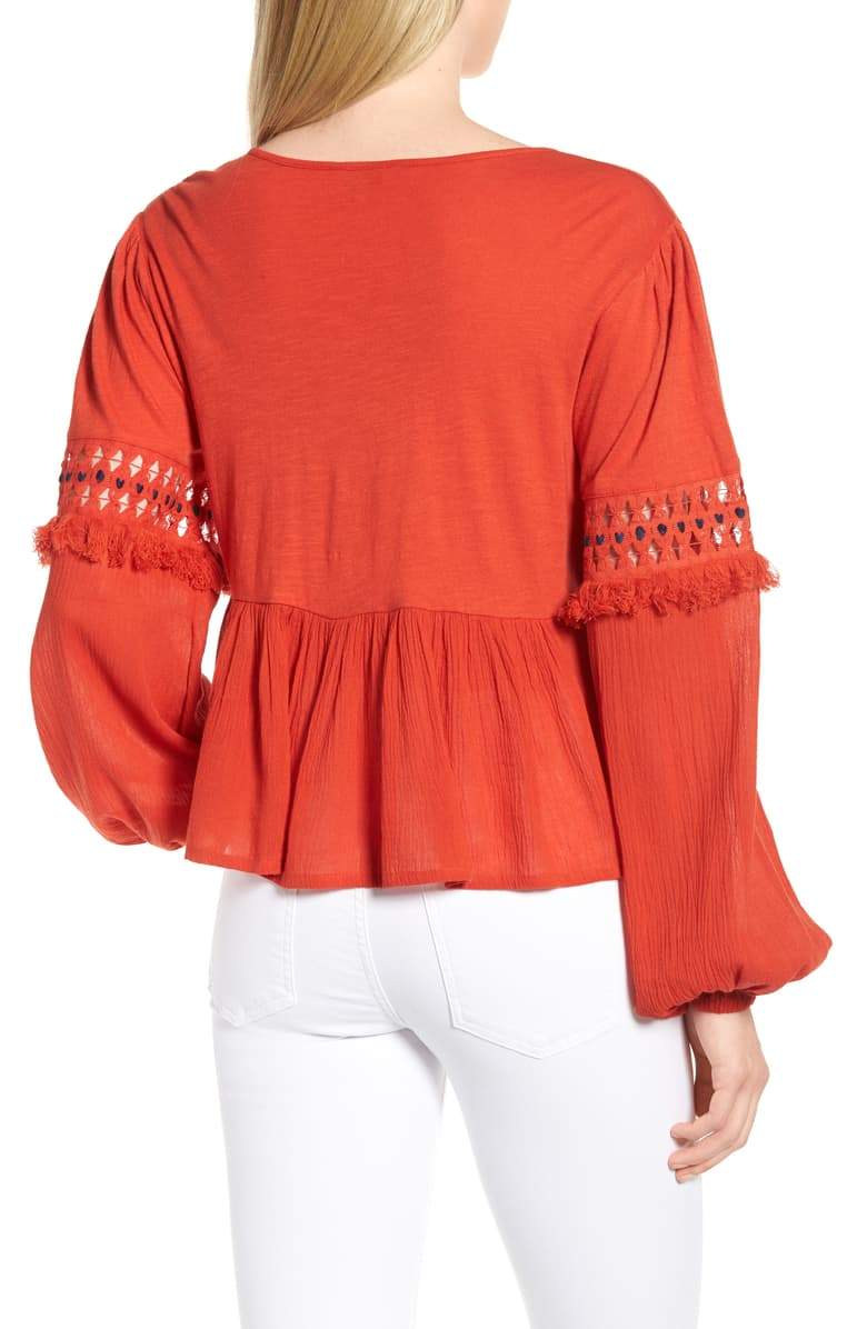 Lucky Brand Cutout Illusion Peasant Top Red Clay S - 