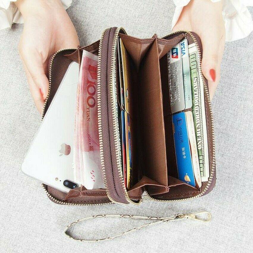 Women Leather Wallet Card Holder Phone Holder Double Zip Wrist Band  Clutch Purse Handbag - TopLine Fashion Lounge