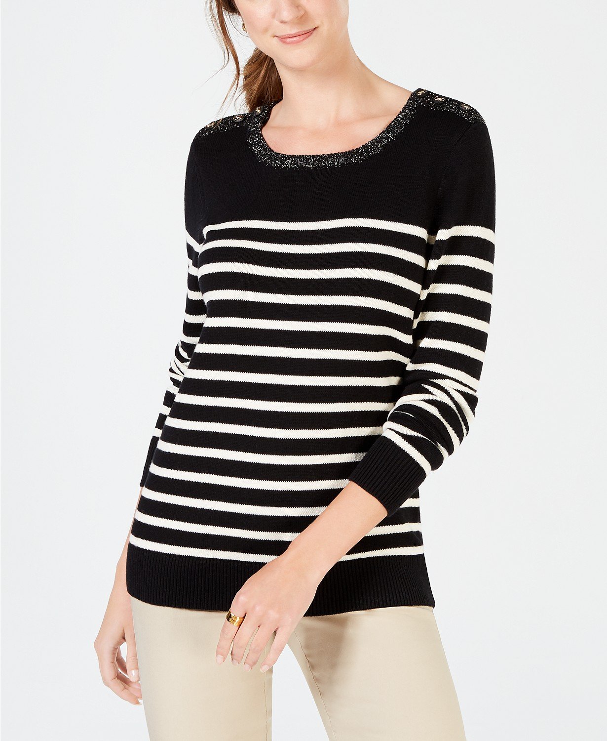 Charter Club Colorblocked Cable-Knit Sweate Black Stripe Combo XL - 