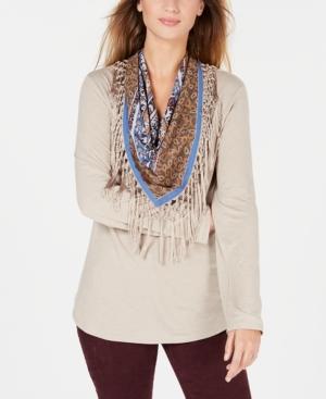 Style Co Petite Scarf-Neck Fringed Top Neutral Heather PL - 