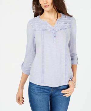 Style Co Cotton Crochet-Trim Roll-Tab T Iris Haze S