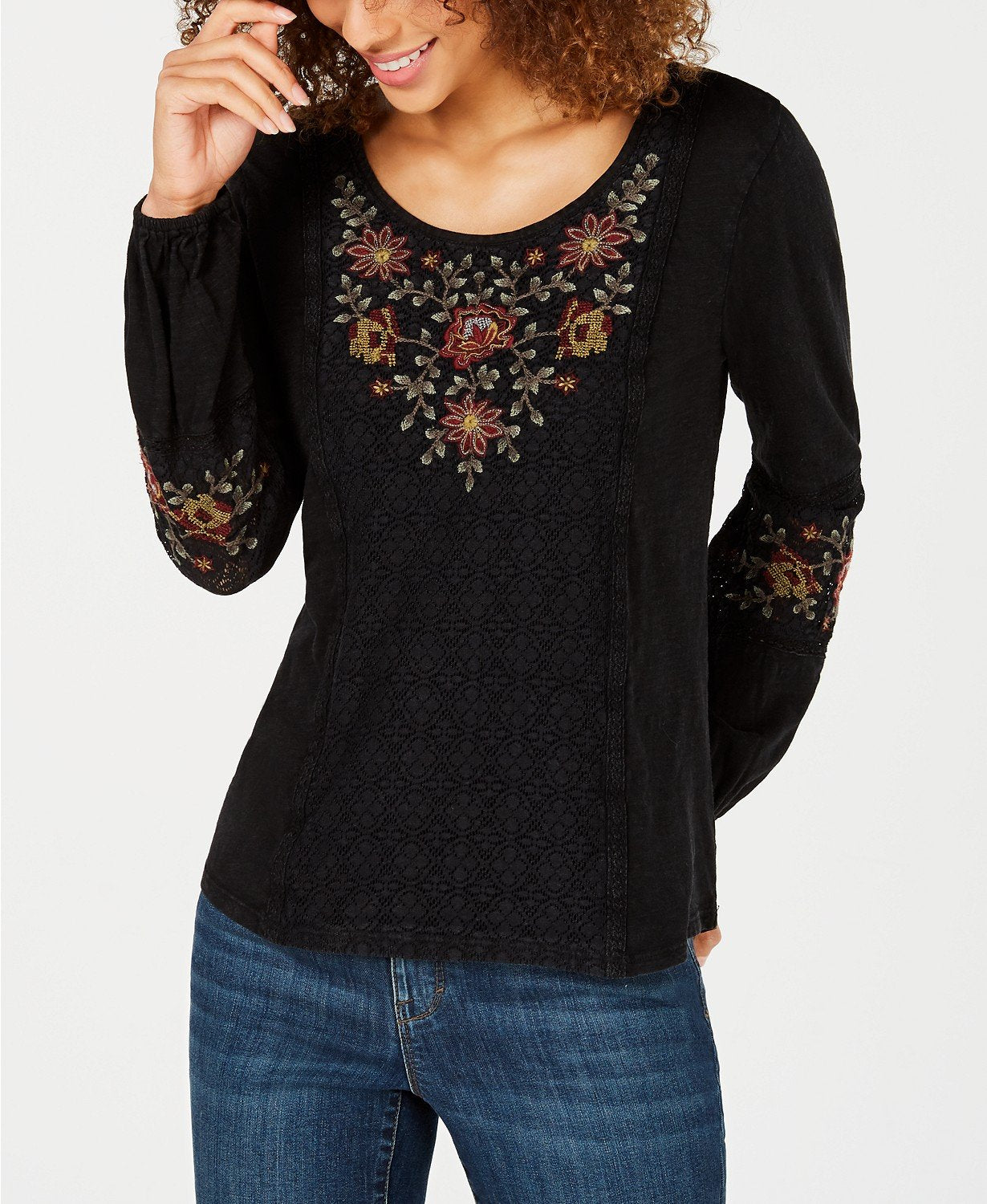 Style Co Embroidered-Panel Peasant Top Berry Bib M