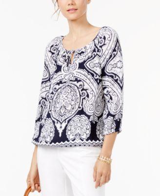 INC Womens Navy Printed 3/4 Sleeve Keyhole Top - TopLine Fashion Lounge