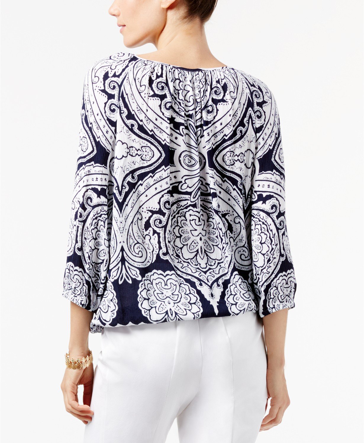 INC Womens Navy Printed 3/4 Sleeve Keyhole Top - TopLine Fashion Lounge