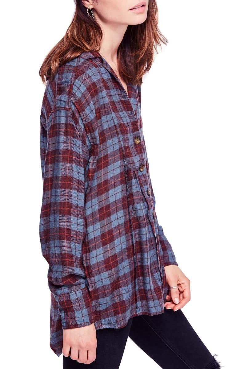 Free People All About the Feel Cotton Plaid Shirt - Purple S - 