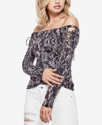 GUESS Catrina Off-The-Shoulder Laced Hibiscus Jungle M - 