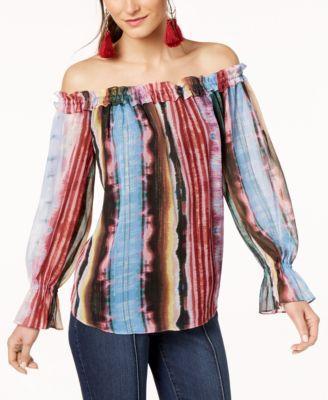 INC Womens Pink Printed Off The Shoulder Long Sleeve Off Shoulder Top - TopLine Fashion Lounge