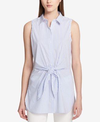 Calvin Klein Womens Chambray Combo Sleeveless Stripe Tie Front Blouse - TopLine Fashion Lounge