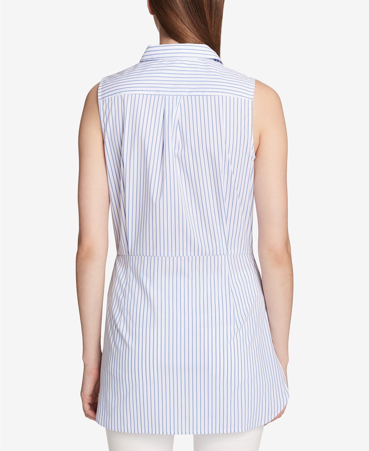 Calvin Klein Womens Chambray Combo Sleeveless Stripe Tie Front Blouse - TopLine Fashion Lounge