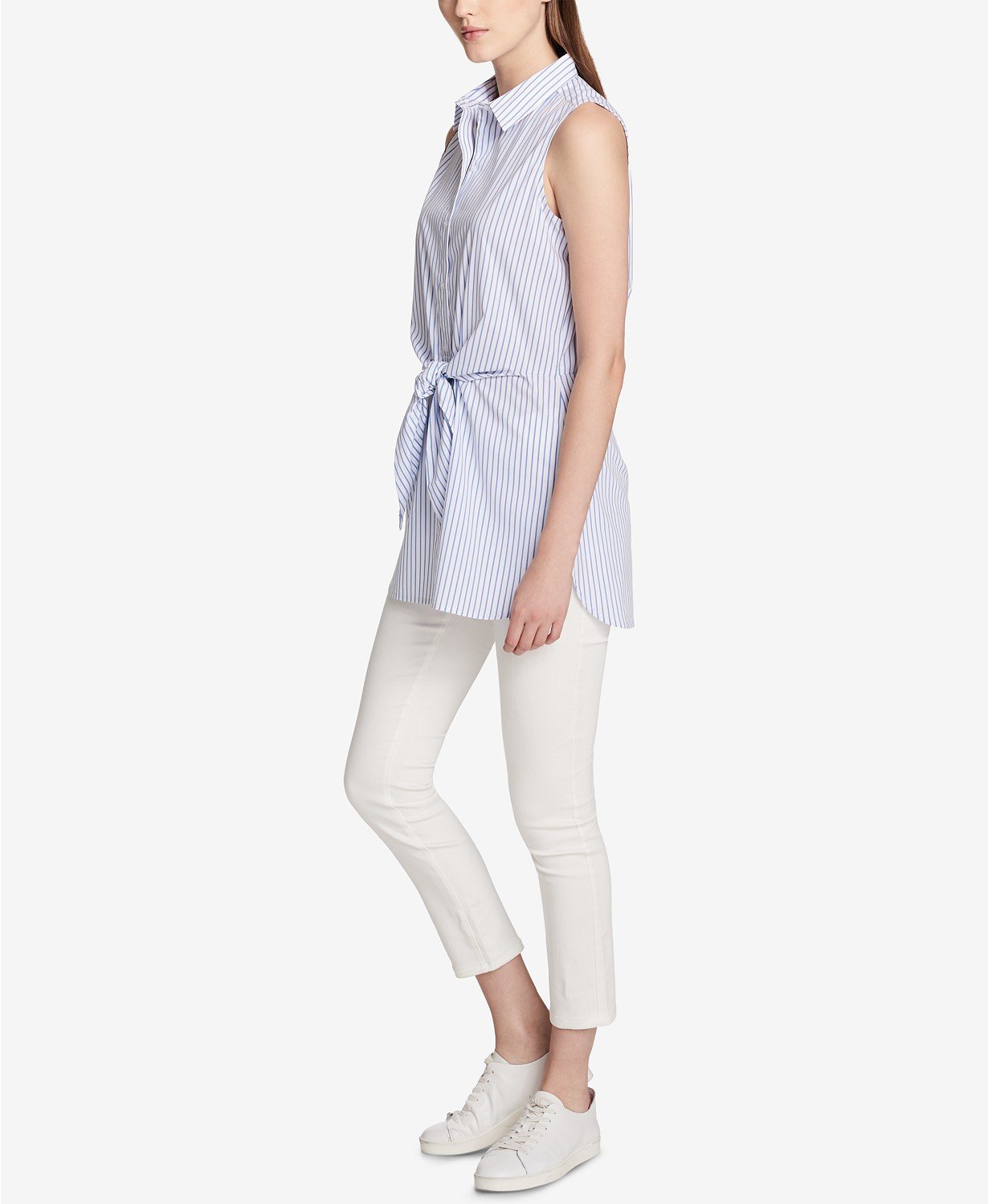 Calvin Klein Womens Chambray Combo Sleeveless Stripe Tie Front Blouse - TopLine Fashion Lounge
