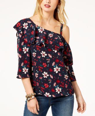 Rachel Zoe Womens Floral One Shoulder Blouse