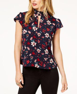 RACHEL ZOE Womens Navy Mock Neck Floral Print Short Sleeve Keyhole Peplum Top