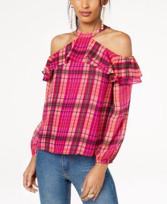 I.n.c. Ruffled Plaid Cold-Shoulder Top - TopLine Fashion Lounge