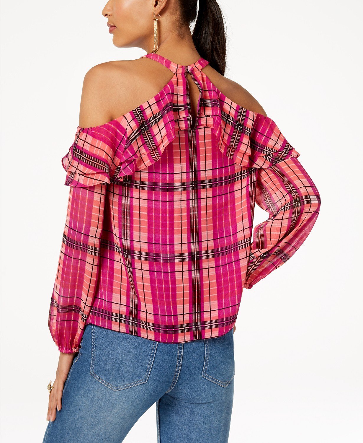 I.n.c. Ruffled Plaid Cold-Shoulder Top - TopLine Fashion Lounge