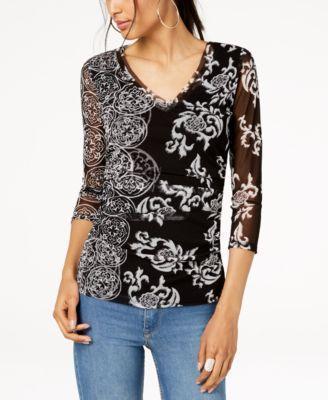 I.n.c. Printed Sheer-Sleeve Top - TopLine Fashion Lounge