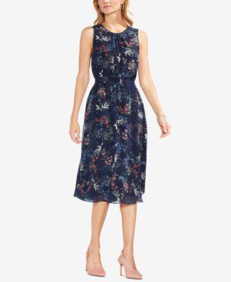 Vince Camuto Womens Smocked Waist Floral MIDI Dress