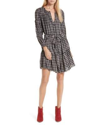 REBECCA TAYLOR  Womens Black Plaid Shirred Long Sleeve Jewel Neck Above the Knee Shirt Dress Size: M - TopLine Fashion Lounge