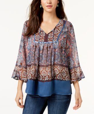 Style Co Petite Split-Neck Peasant Top Paisley PL - 