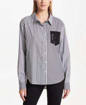 DKNY Womens Striped Lace Button-Down Top - TopLine Fashion Lounge