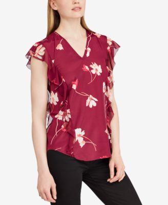 RALPH LAUREN Womens Maroon Ruffled Crepe Multi Floral Print Short Sleeve V Neck Top