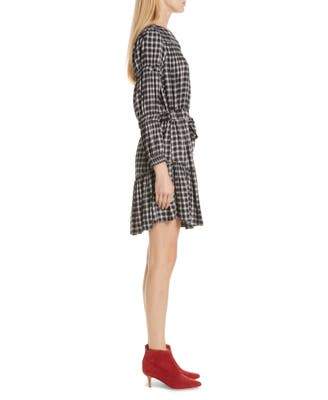 REBECCA TAYLOR  Womens Black Plaid Shirred Long Sleeve Jewel Neck Above the Knee Shirt Dress Size: M - TopLine Fashion Lounge