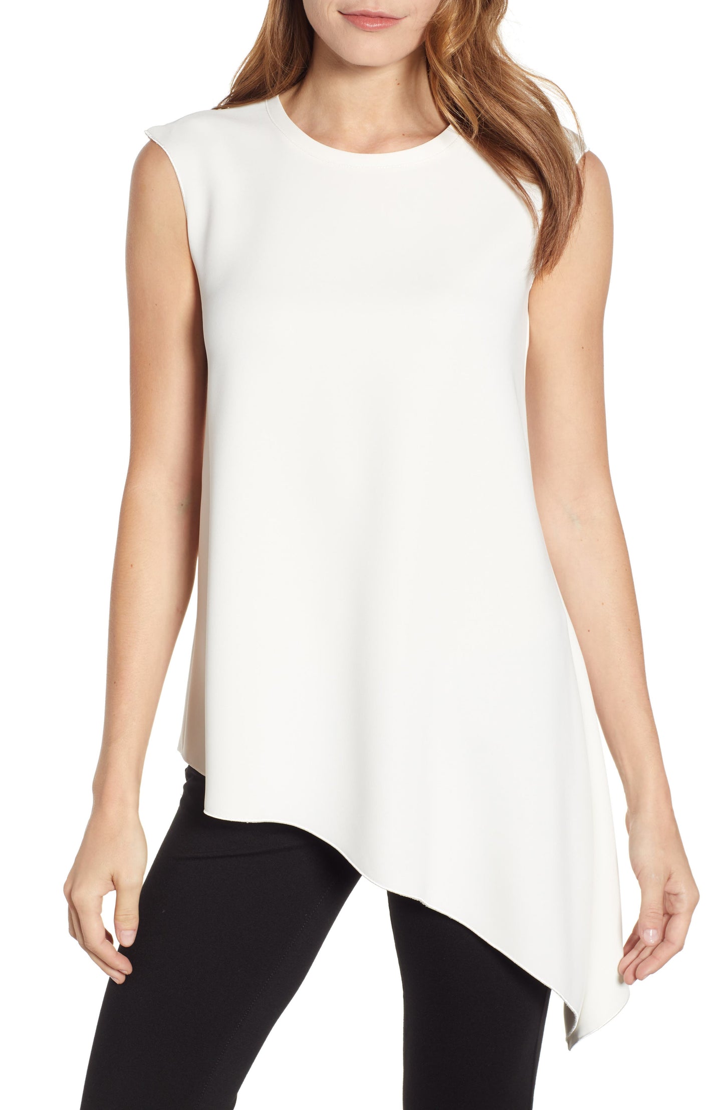 ANNE KLEIN Fluid Asymmetrical Hem Sleeveless Crepe Blouse