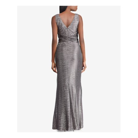 Ralph Lauren Womens Gray Low Back Metallic Sleeveless Boat Neck Full-Length Evening Dress